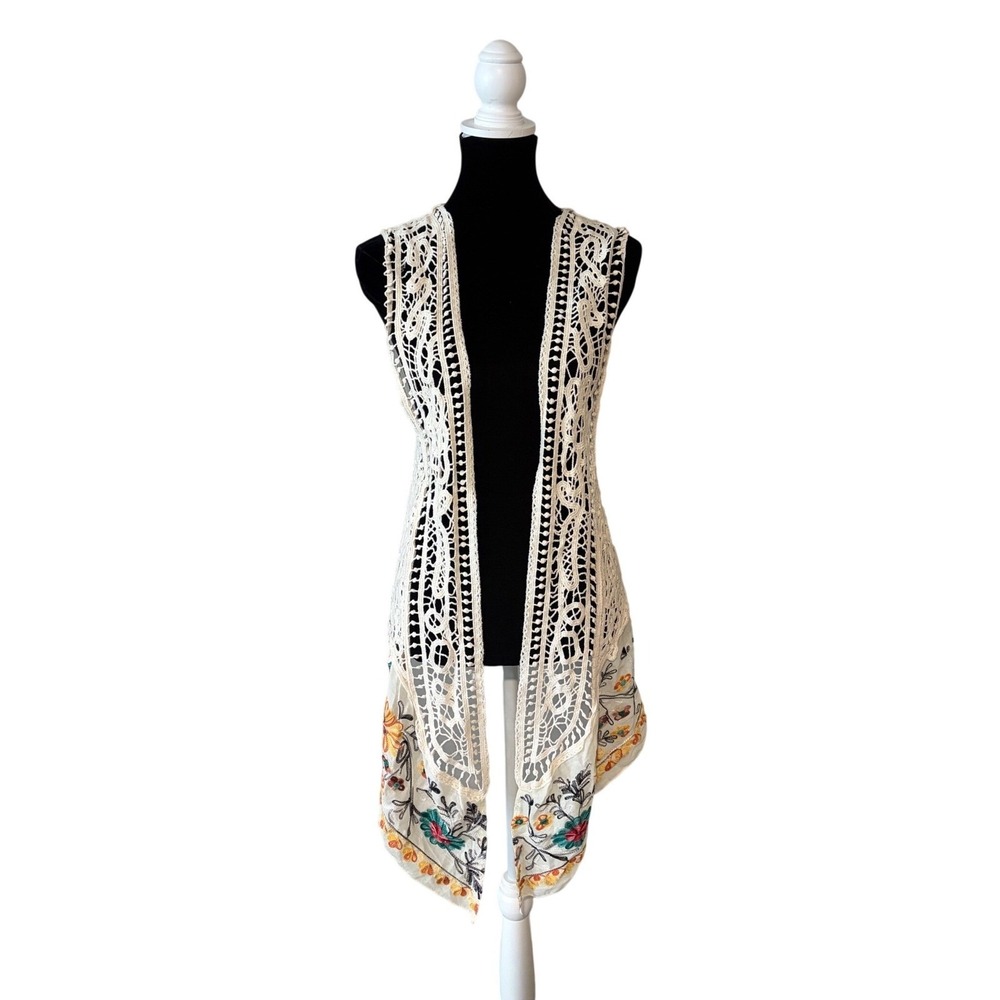 Origami by Vivien Crochet Embroidered Floral Cotton‎ Vest Ivory Multicolor S/M